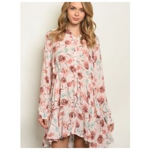 Blush Long Sleeve Collar Floral Print Tunic Dress